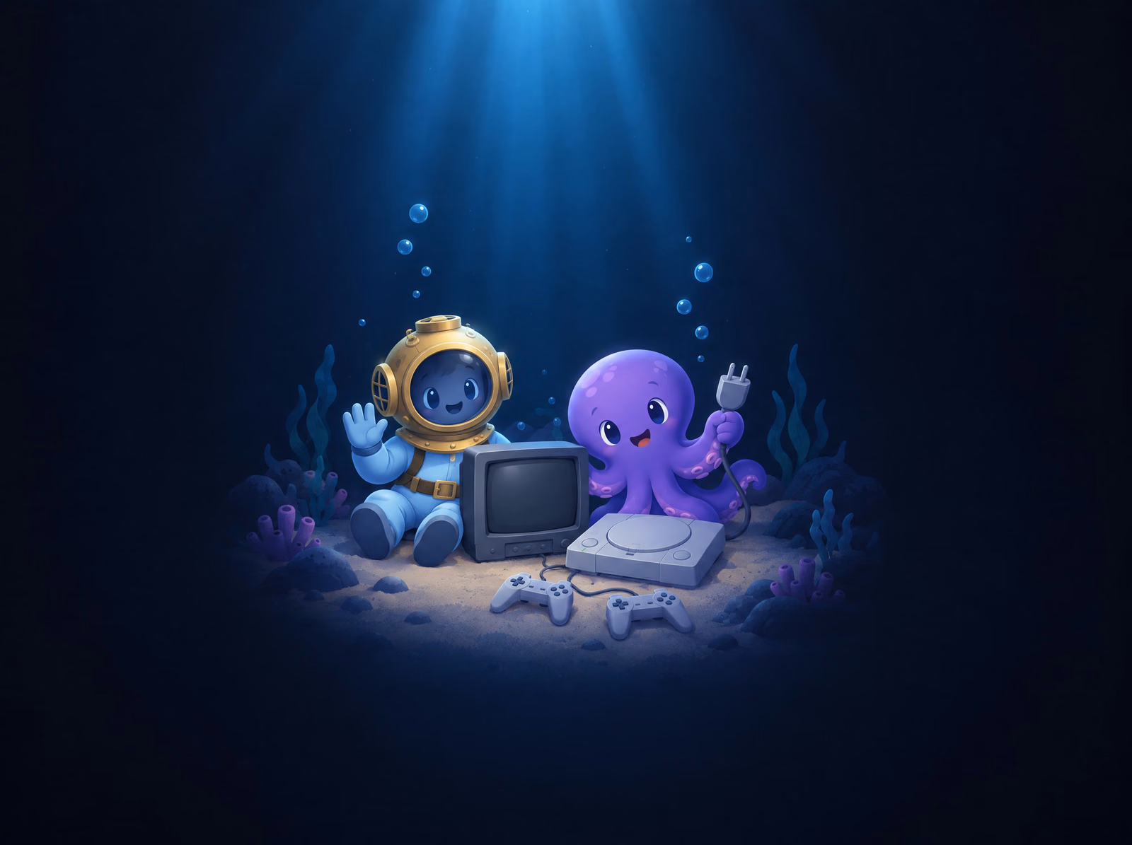 The diver and Ollie at an old television and a game console on the sea floor