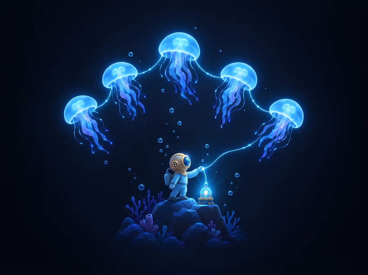 The diver linking up a ring of glowing jellyfish