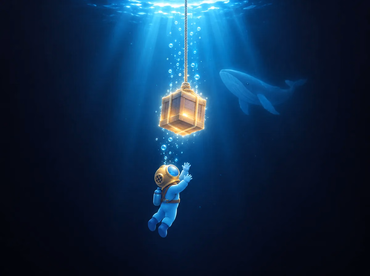 A crate lowered from the surface on a rope, the diver swimming up to it