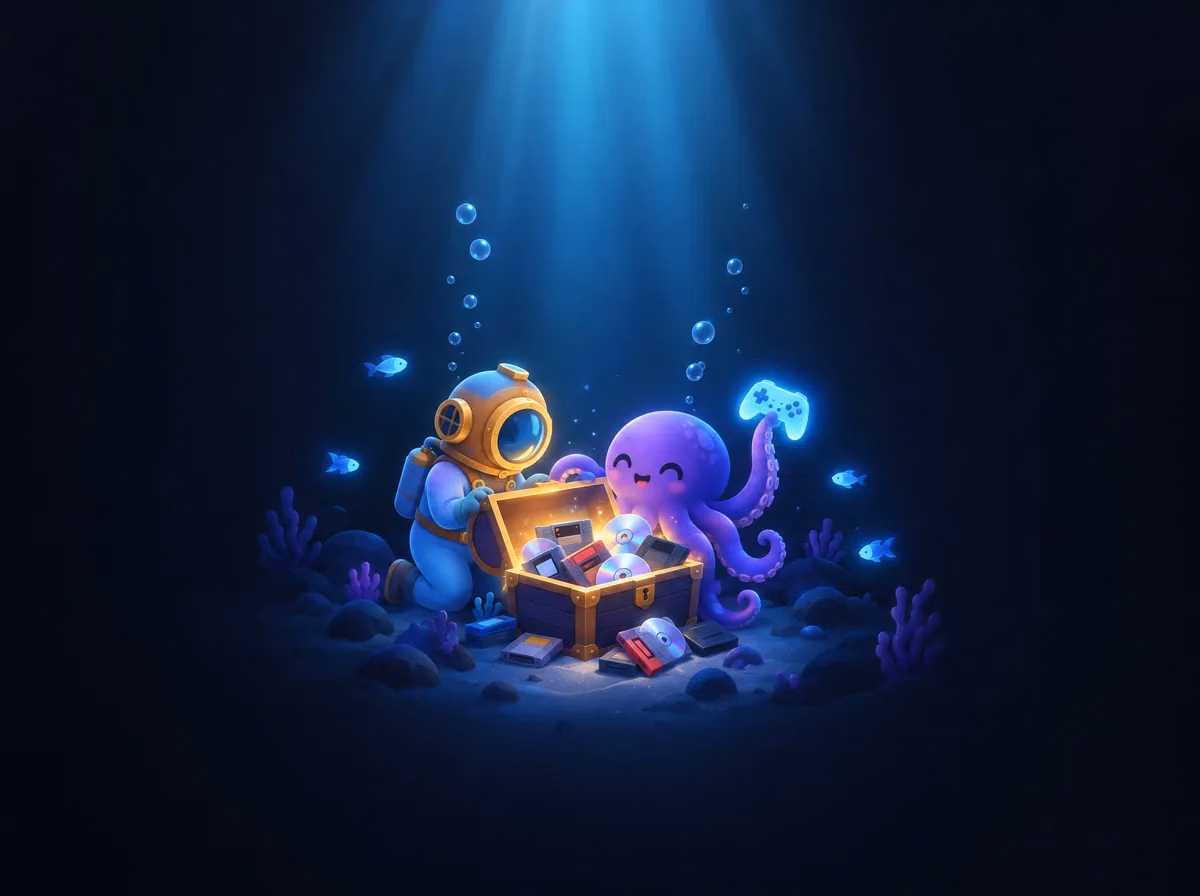 The diver and Ollie the octopus going through a chest full of games