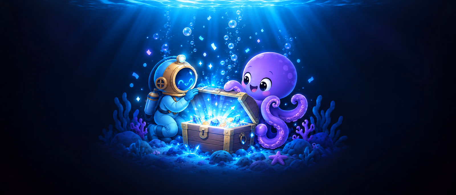The diver and Ollie opening a glowing treasure chest