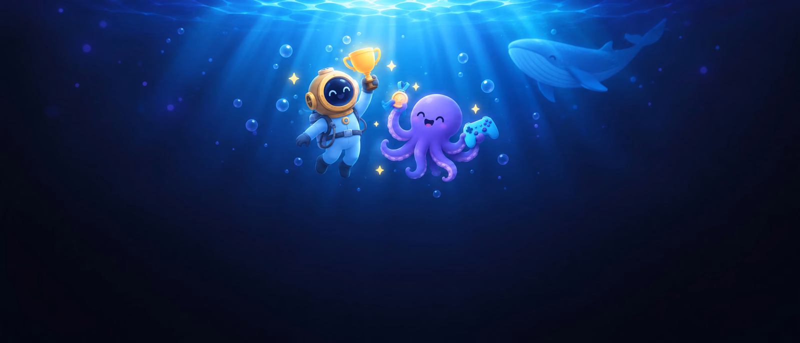 The diver holding up a trophy, Ollie holding a controller