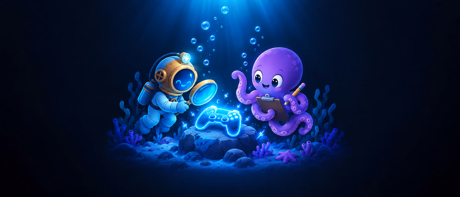 The diver with a magnifying glass and Ollie looking over a controller