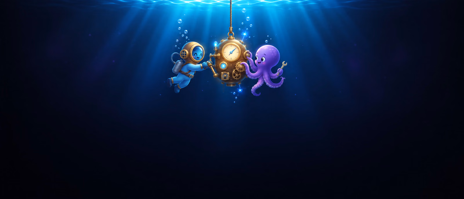 The diver and Ollie adjusting a brass gauge