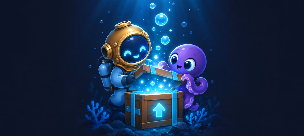 The diver and Ollie opening a crate with an arrow pointing up